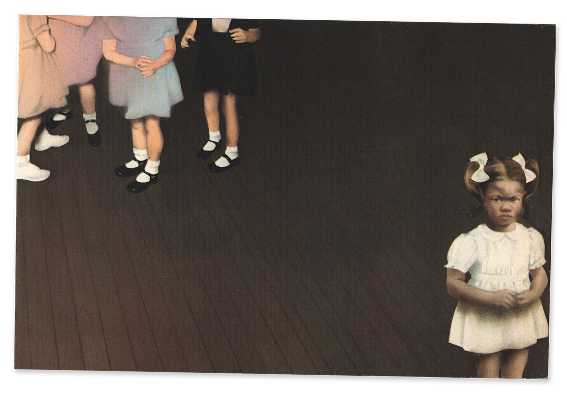 A collaged photo of a child isolated from a group of other children.
